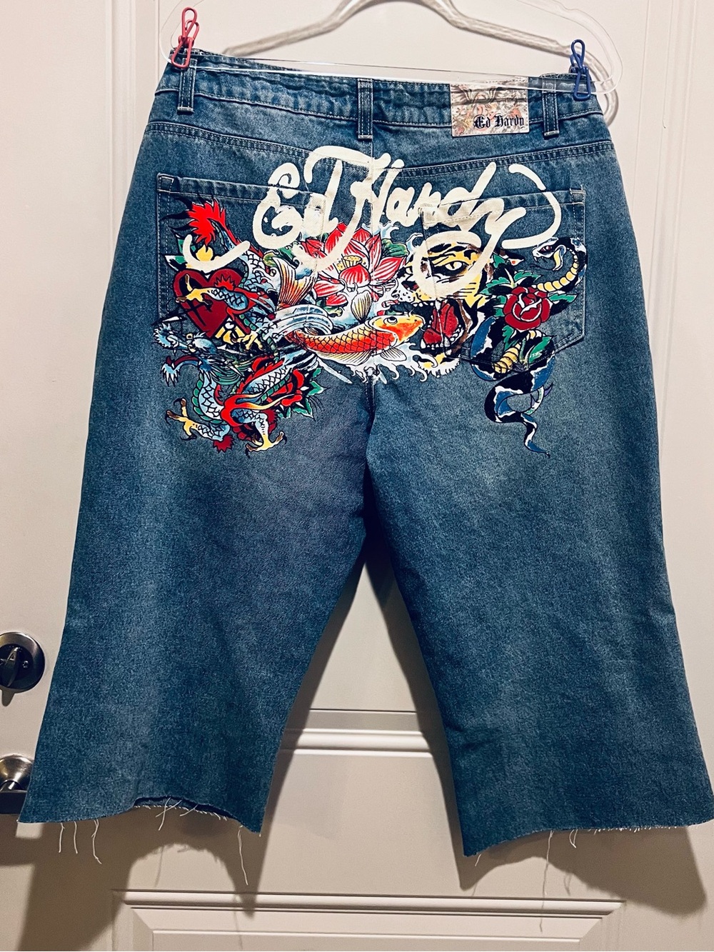 Ed Hardy Blue Denim Shorts with Multicolor Tattoo-Style Back Graphic